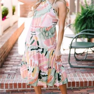 Abstract off shoulder dress.